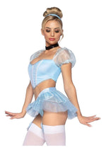 Leg Avenue Glass Slipper Cinderella Boned Sweetheart Crop Top with Organza Sleeves, Garter Panty with Shimmer Sheer Skirt, Ribbon Choker, and Matching Hair Band - Blue - Medium - 4 Piece