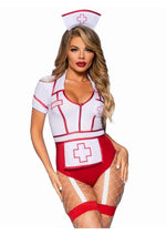 Leg Avenue Nurse Feelgood Snap Crotch Garter Bodysuit with Attached Apron and Hat Headband - Red/White - Medium - 2 Piece