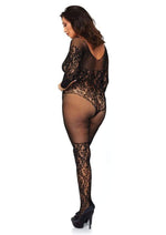 Leg Avenue Vine Lace and Net Long Sleeved Bodystocking - Black - Plus Size/Queen